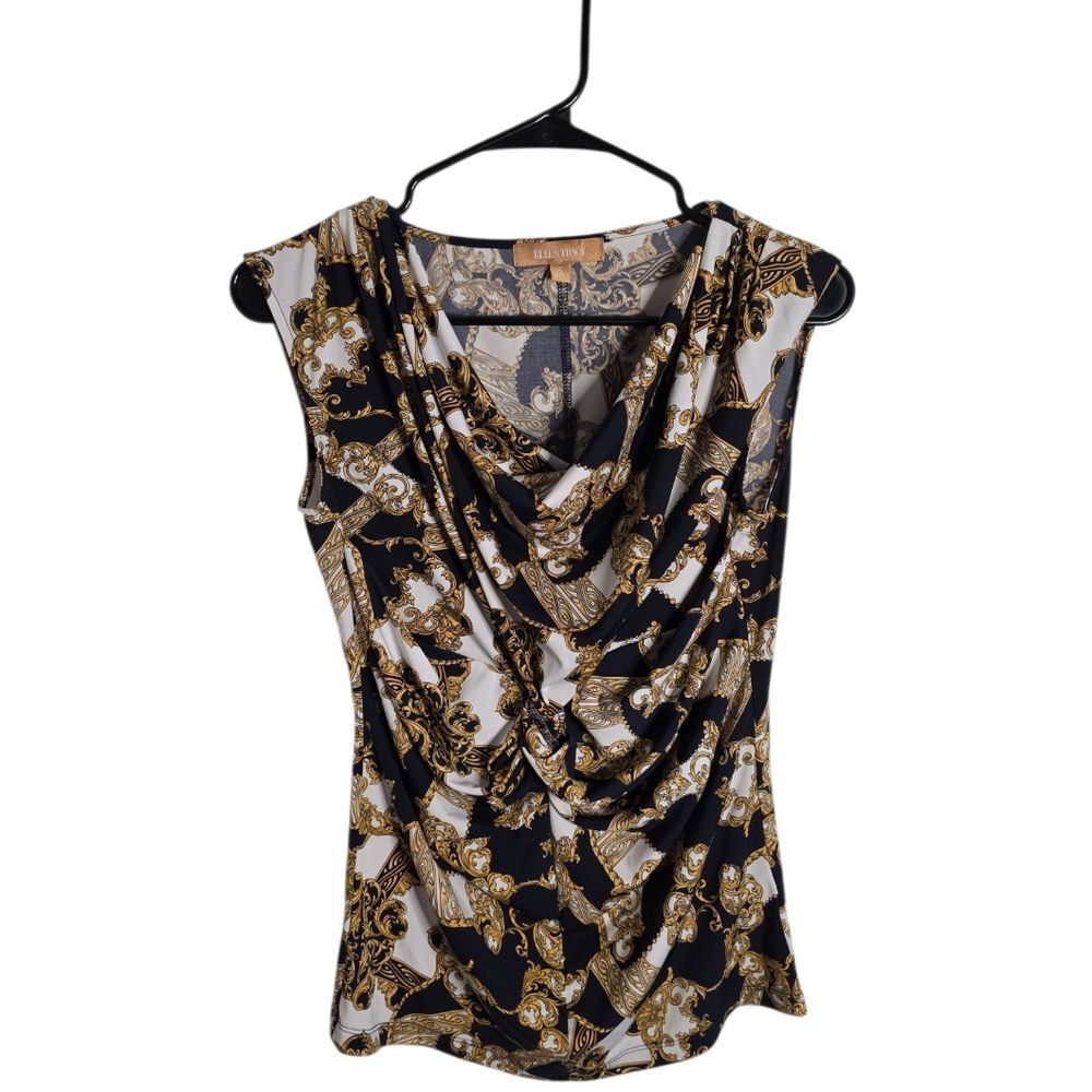 Ellen Tracy Luxe Print Draped Neck Sleeveless Blouse S